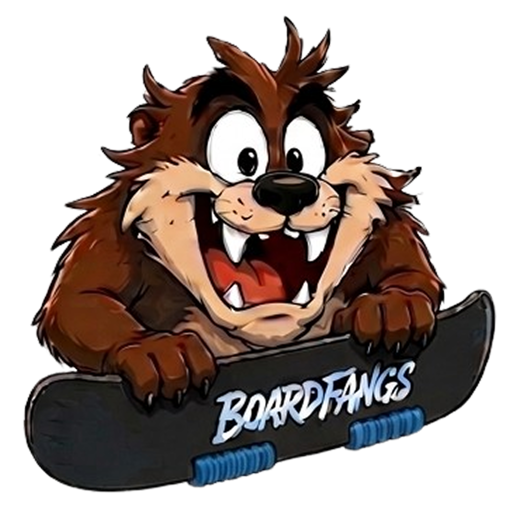 Fang the BoardFangs mascot grinning over his snowboard