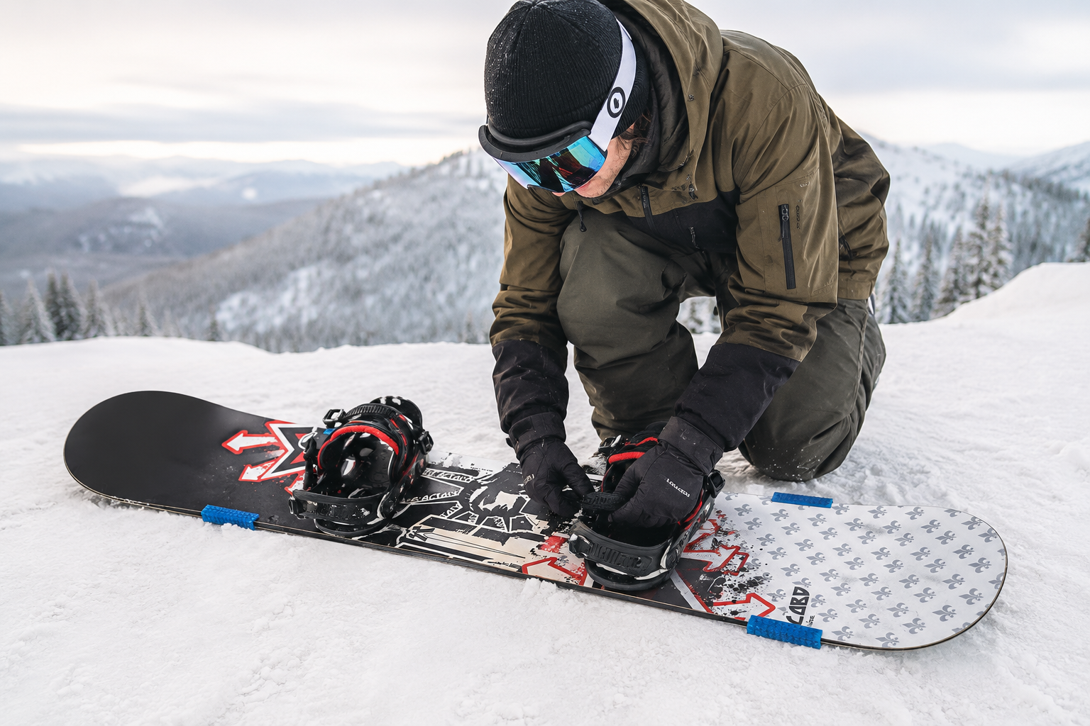 Rider strapping in with BoardFangs holding the board still on the snow